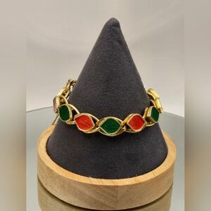 Florenza Orange & Green Enamel Goldtone Vintage 70s Bracelet